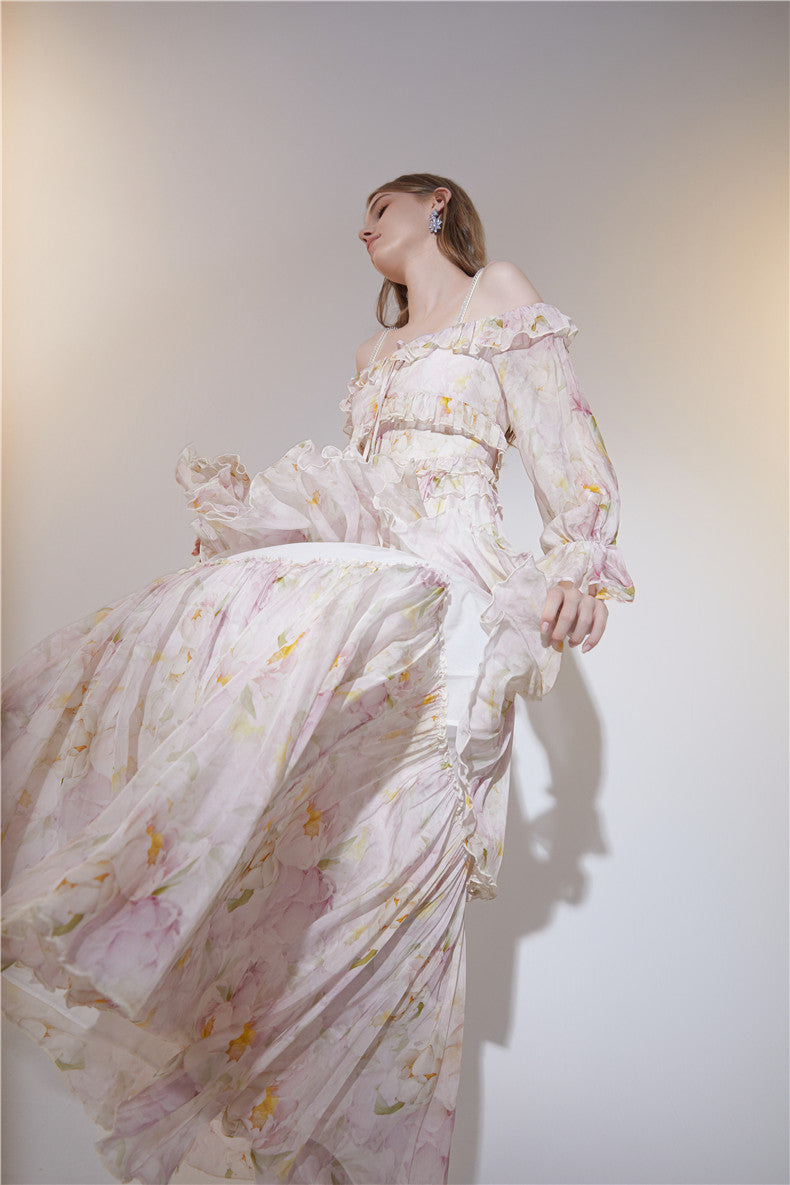 Wardrobes by Chen Elegant French Style Pink Off Shoulder Long Sleeve Dress-TIRA S / Pink Wardrobes by Chen Elegant French Style Pink Off Shoulder Long Sleeve Dress-TIRA S / Pink