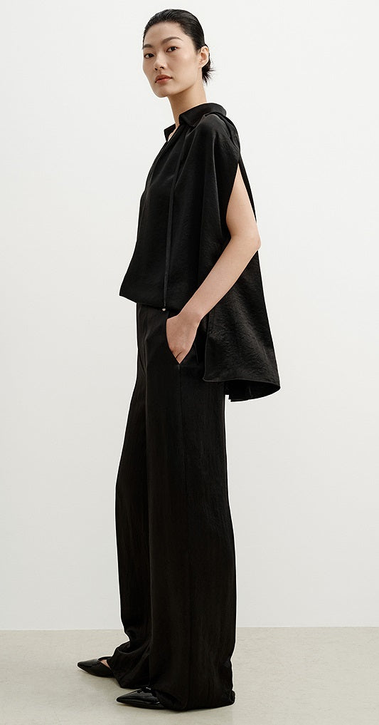 COMME MOI Summer Women's Black Satin Straight Pants - ADELINE.