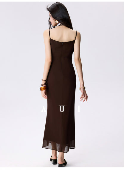 AUI Mocha Mousse Coffee Color Slip Temperament Slim Hip Dress -  A-Yeong