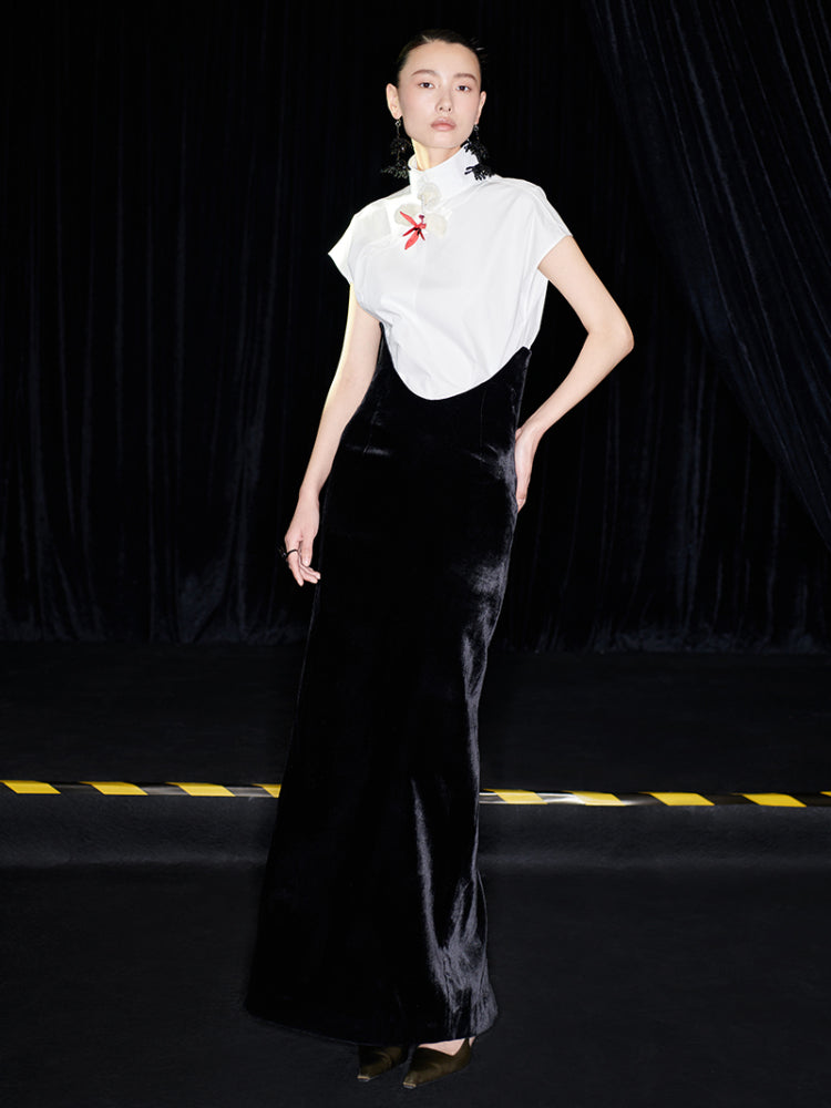 M essential Mackay designer bloom white dense cotton sleeveless stand-up collar shirt - NEON.