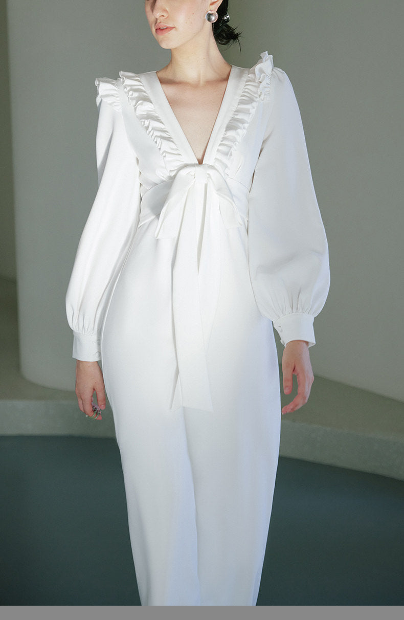 GOUDIN Small white long sleeves party evening dresses-MIA.