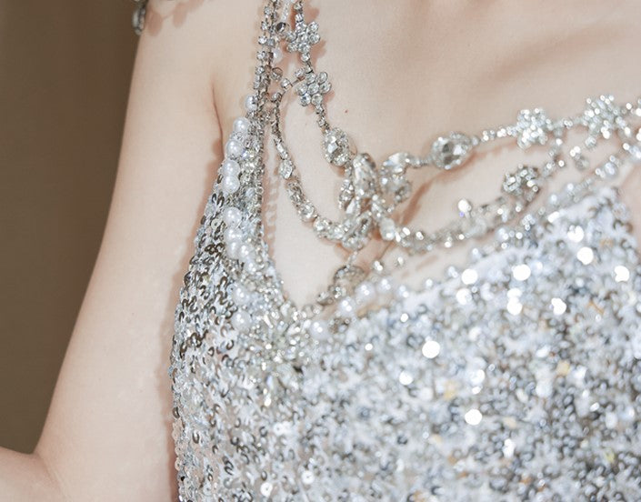 DOLLY High End Retro Style Sliver V-Neck Sleeveless Sequin Long Evening Dress-QUEENETH