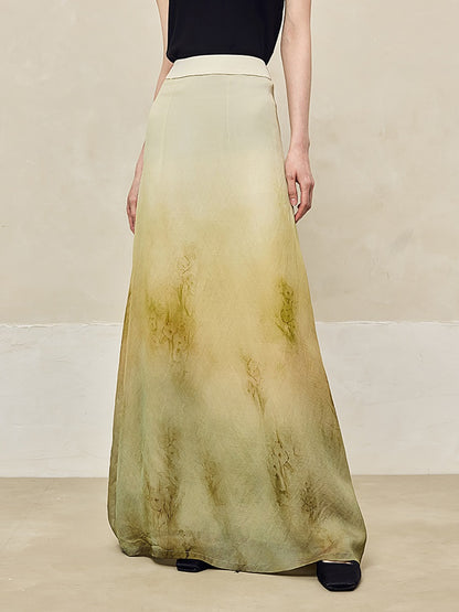 HECO Blended Chiffon Drape A-line High waist Yellow Green Thin Skirt Women - DEPTH.