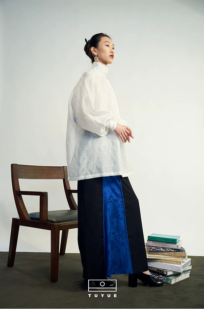 TUYUE White Linen Stand Collar Puff Sleeve Loose Silhouette Top-EVE
