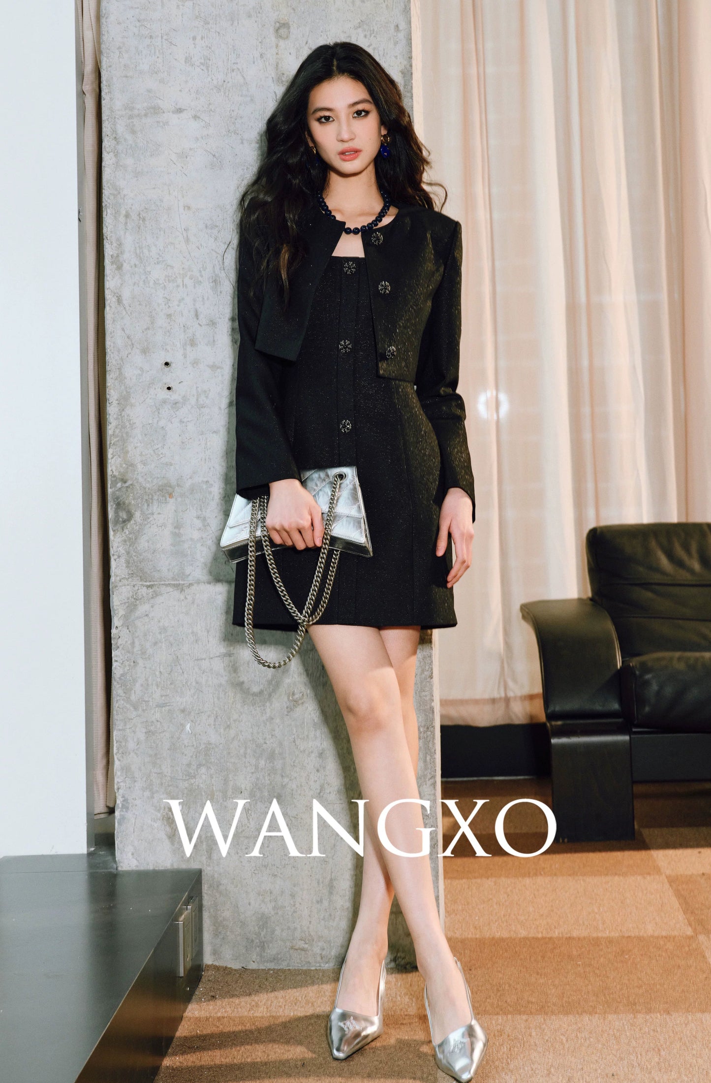 WANGXO | Luxury Silver Silk Galaxy Hot Diamond Shoulder Box Coat & Flowing Slip Dress Set -VÉRA