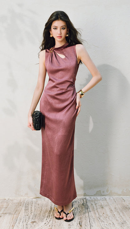 WANGXO |Water Drop Cutout, Custom Pin & Pinch-Pleated Sleeveless Dress- SENA