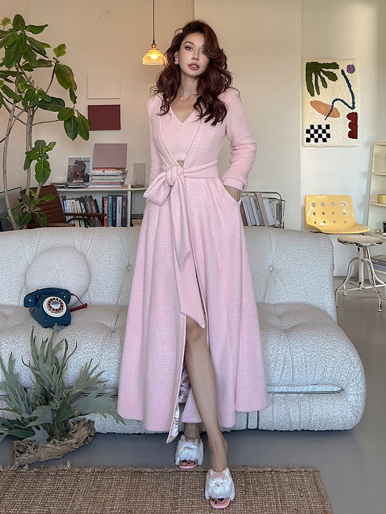 Le Palais Vintage Luxury Soft Slim Plush Drape Wrap  Long White and Pink Dress-Hazel