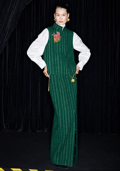 M essential Mackay designer rose beads placket green vest pencil skirt - Biba.