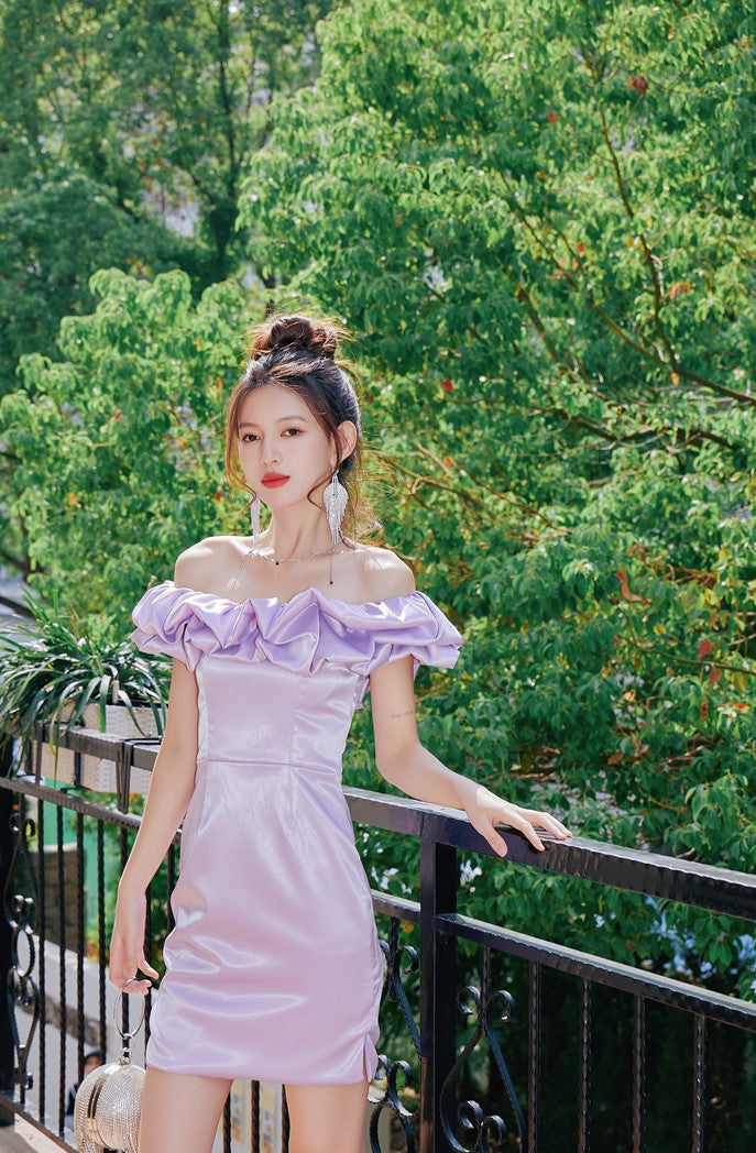 DOLLY Elegant Satin Ruffled Off Shoulder Tube Top Sim Fit Date Dress-AINSELY