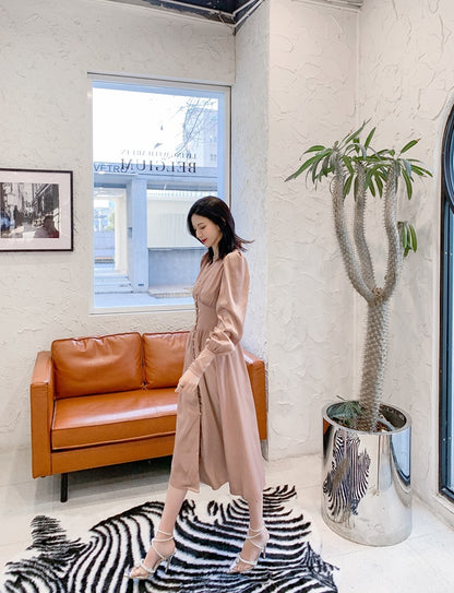 DOLLY Elegant V-Neck Long Lantern Sleeve Long Button Church Dress-NANA