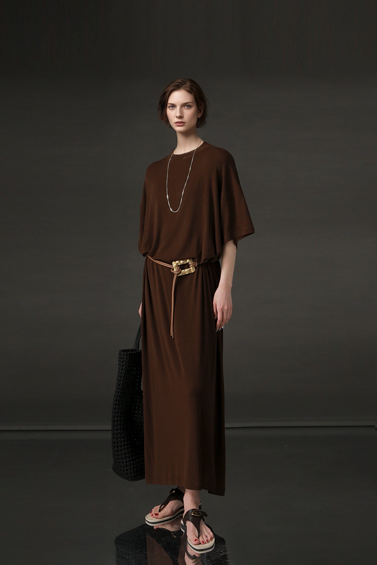 PIAOIN minimalist style nude tencel wool t-shirt skirt versatile dress -LYDIA