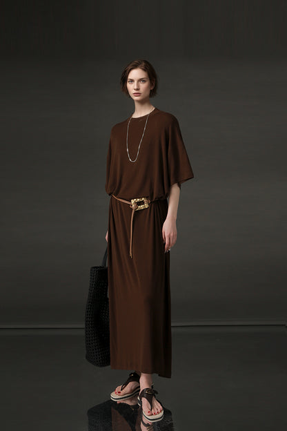 PIAOIN minimalist style nude tencel wool t-shirt skirt versatile dress -LYDIA