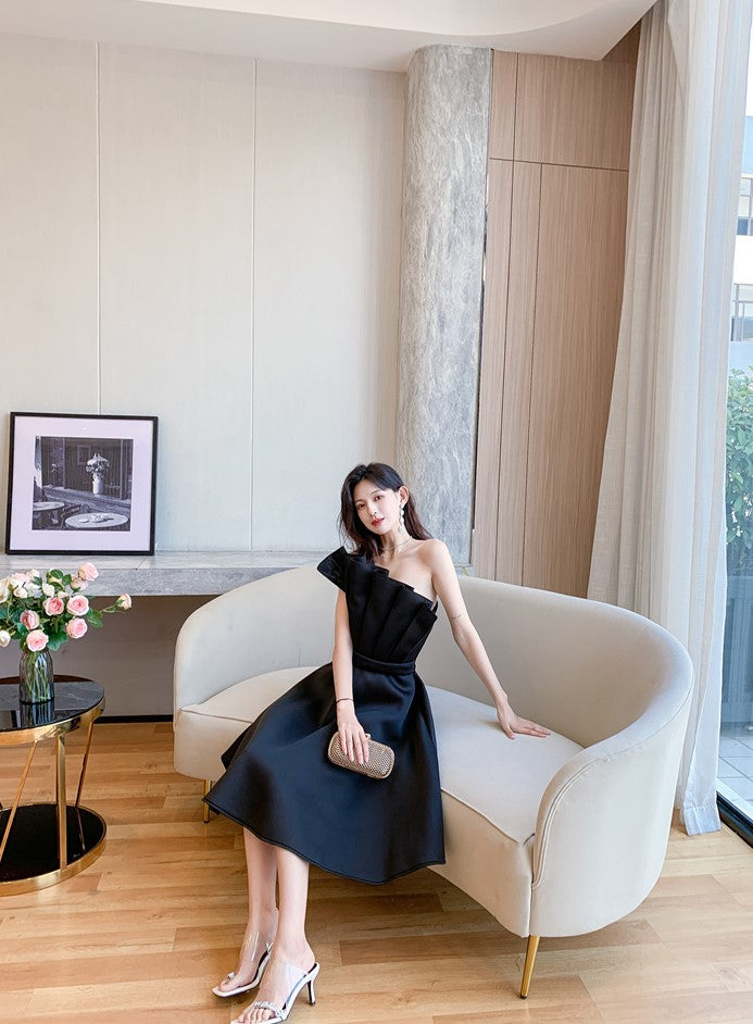 DOLLY Elegant Off Shoulder Pleated Ruffle Tube Top High Wait Midi Dress-LLA