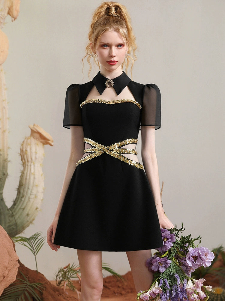 CHECOCRE summer new gold sequencil hollow design thin little black dress - NIDE.