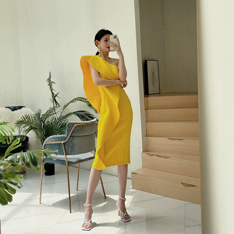 DOLLY Luxury French Style Ruffle One Shoulder Hip Hug Midi Dinner Dress-JEHO