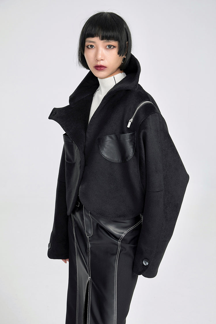 TINY IN women's black shoulder zipper cropped wool jacket- LOU