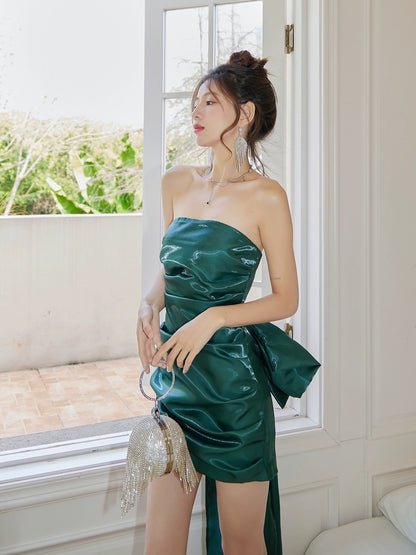 DOLLY Luxury Deep Green Big Bow Off Shoulder Tube Top Pleated Hip Date Dress-NUEL