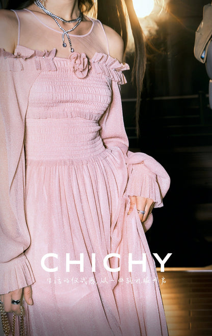 CHICHY French Gentle Long Sleeve V-Neck Pink Dress-KANA