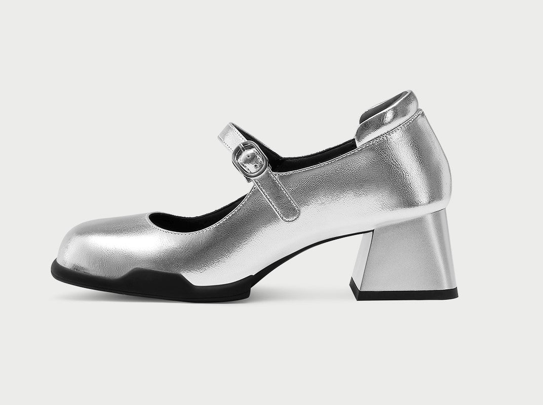 PJJUU square toe mary jane silver shallow mouth thick heel shoes- ANTONIO.