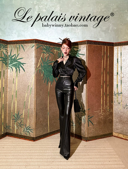 Le Palais Vintage High End Black Leather New Chinese Top + High-waisted Hip Leather Flared Pants-Zhuri.