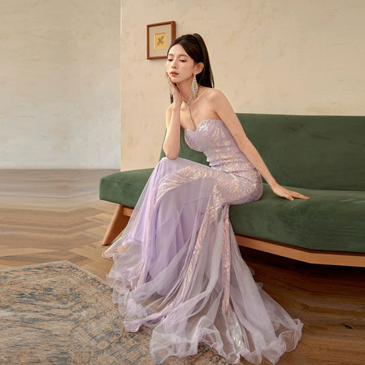 DOLLY Elegant Purple Sleeveless Slim Fit Princess Style Mermaid Dress-ANES   (V)