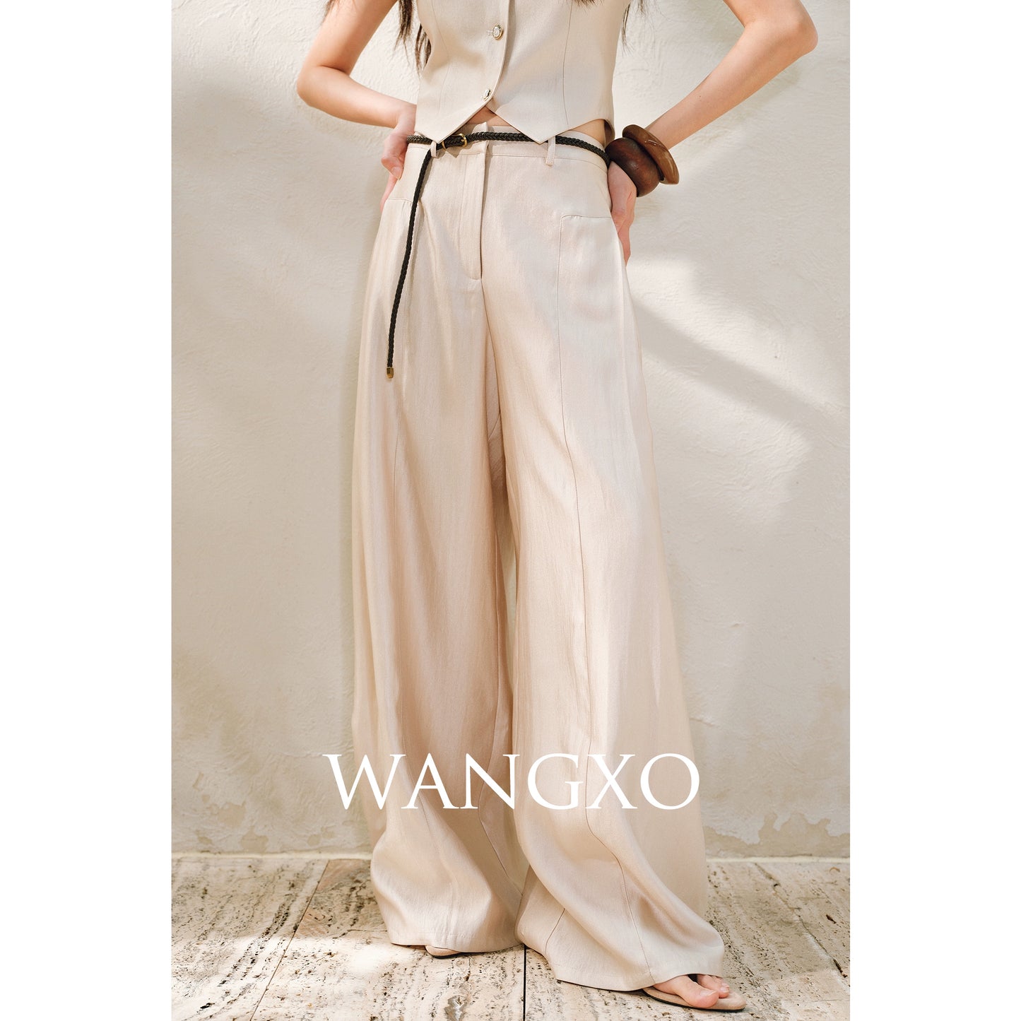 WANGXO | Silk Brocade Shaved Shoulder Vest Top & Tailored Pants Set  -NOOR