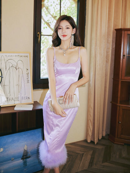 DOLLY Elegant Light Purple French Style Sleeveless Suspender Feather Party Dress-JOLENE