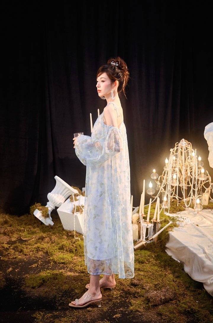 DOLLY Elegant Blue French Style Floral Off Shoulder Loose Glitter Resort Dress-TEE