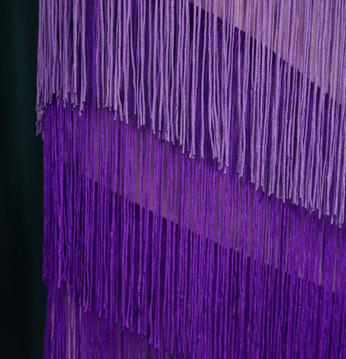 DOLLY Elegant Purple Satin Ruffle Of Shoulder Top+ Gradient Tassel Skirt-ZAYN