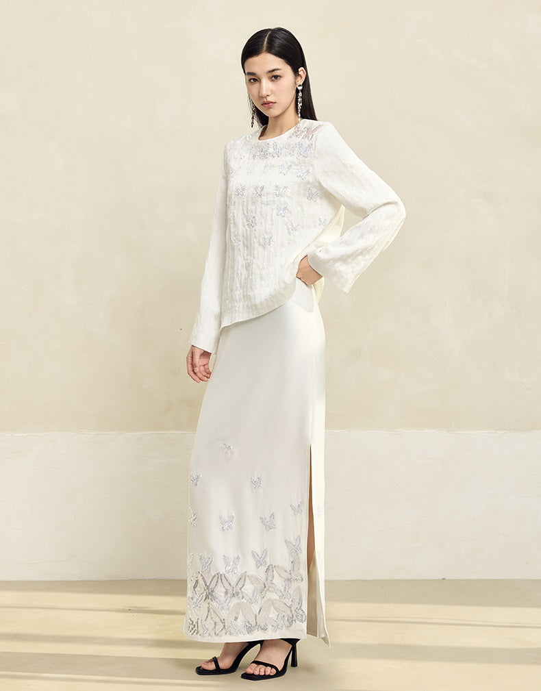 HECO butterfly beads embroidered round neck long sleeve top Women - CROWN.