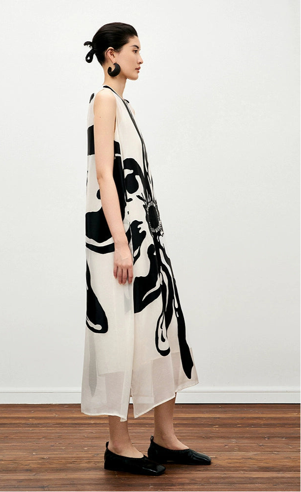 ZHUCHONGYUN Summer Ink Dot Floral Straight Sleeveless Dress--SAKI.