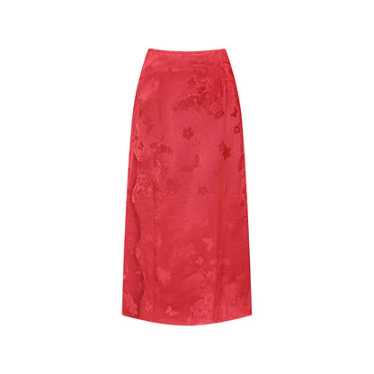 TUYUE Red Silk Satin Woven Midi Skirt- JOBE.