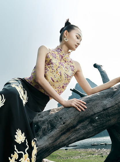 HECO Chinese Retro Style Embroidery Golden Dragon Stand-up Collar Vest Top  - QANT.