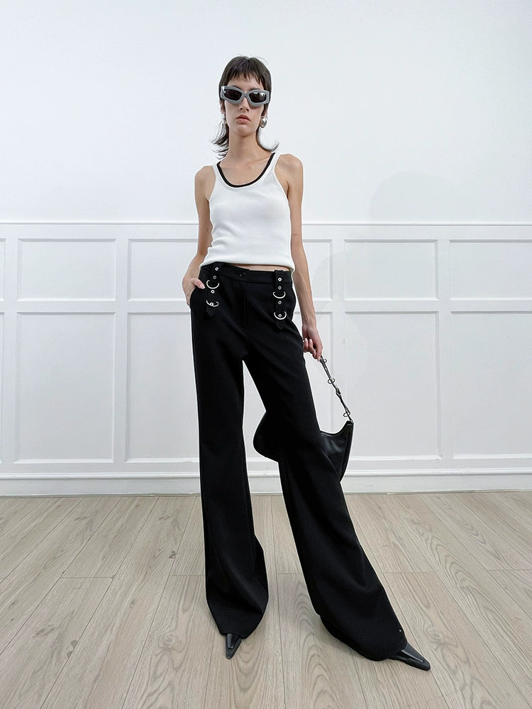 ANNAKIKI Designer Black Buckle Slim Fit Wide-Leg Casual Boot Pants-SAKATA