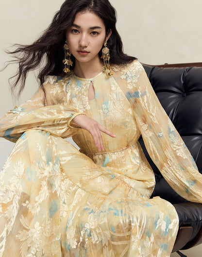 HECO silk peony burnt flower pendulum long-sleeved dress women - healer.