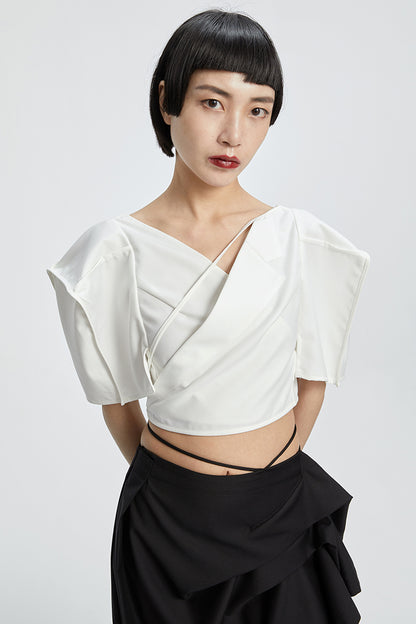 Tiny in three-dimensional square sleeve cross collar tie irregular shirt top women's short -CAM