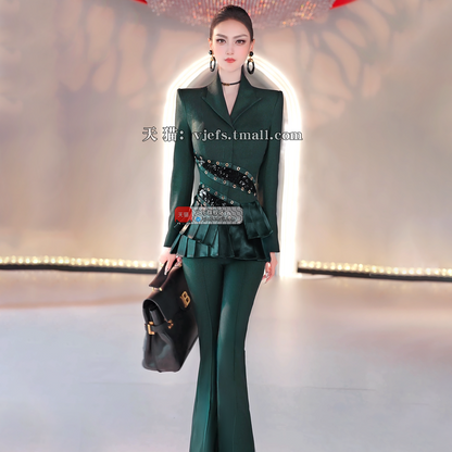 VJE  Lace Contrast Flared Pants 2-Piece Style Suit - ACK.