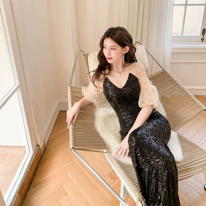 DOLLY Elegant Black Glitter Mesh Long Puff Sleeve Sequin Evening Dress-NUNU