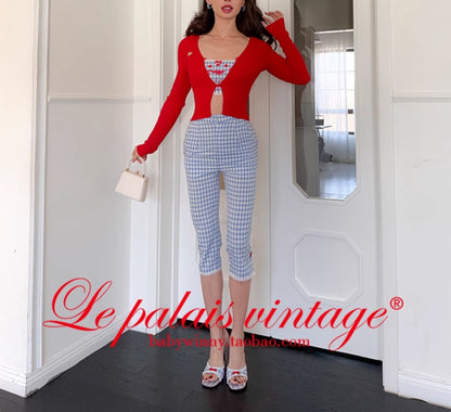 Le Palais Vintage  blue plaid kitten print short suspender pleated skirt-FASH.