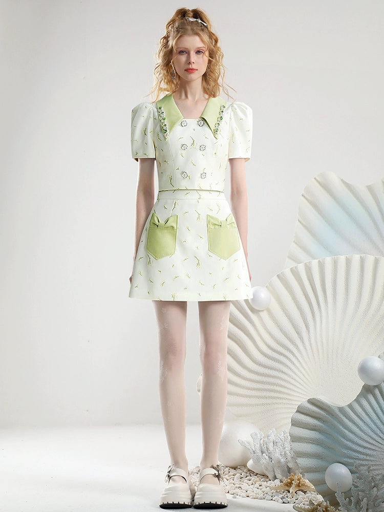 CHECOCRE Cute Bow Pocket Beaded Chain Fashion Suit Skirt - INDUCE