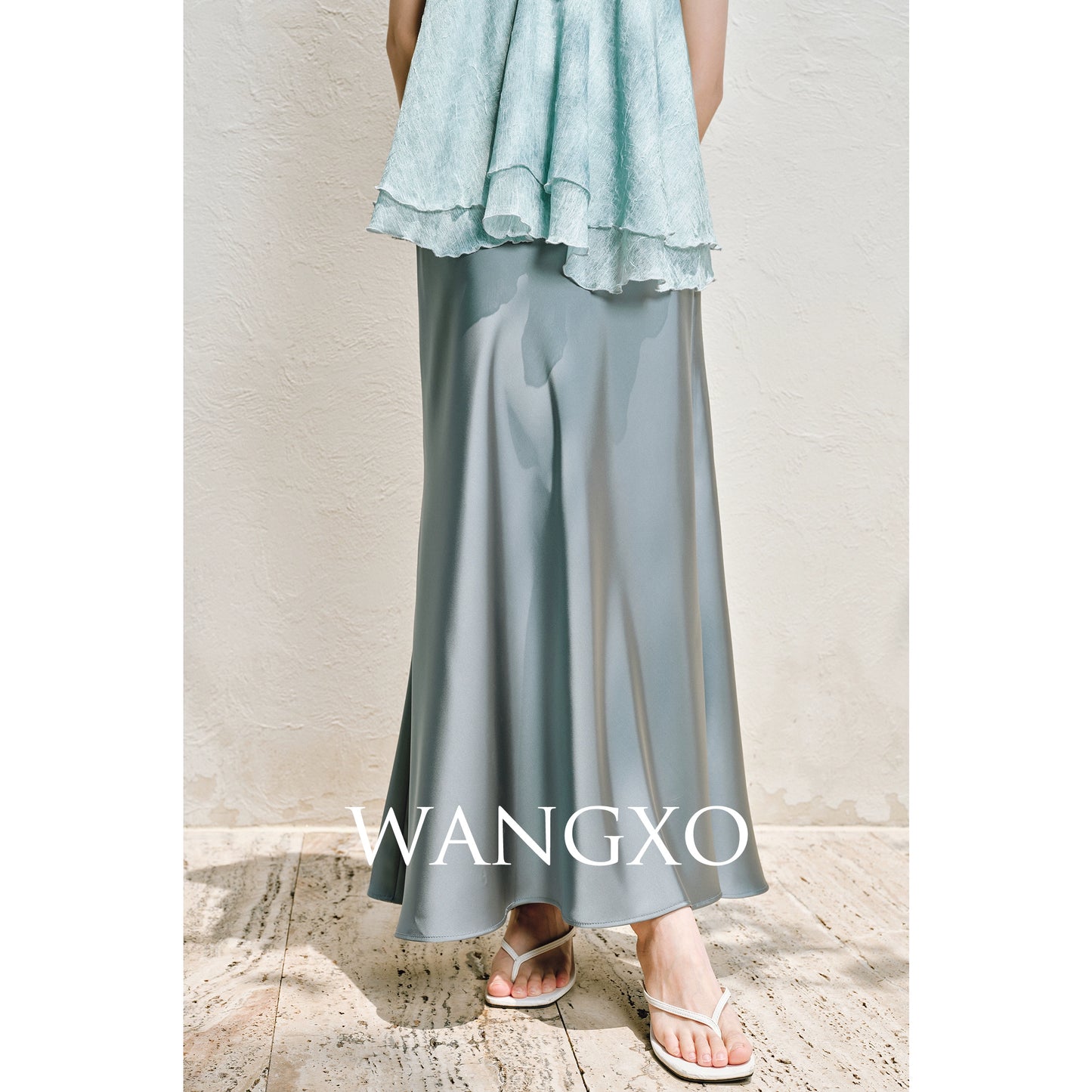WANGXO | Silky Smooth Double-Sided Satin Top Glass Beaded Umbrella Hem Suspender Skirt Set -ELVA
