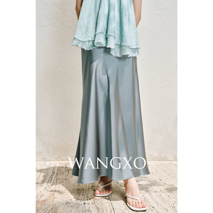WANGXO | Silky Smooth Double-Sided Satin Top Glass Beaded Umbrella Hem Suspender Skirt Set -ELVA