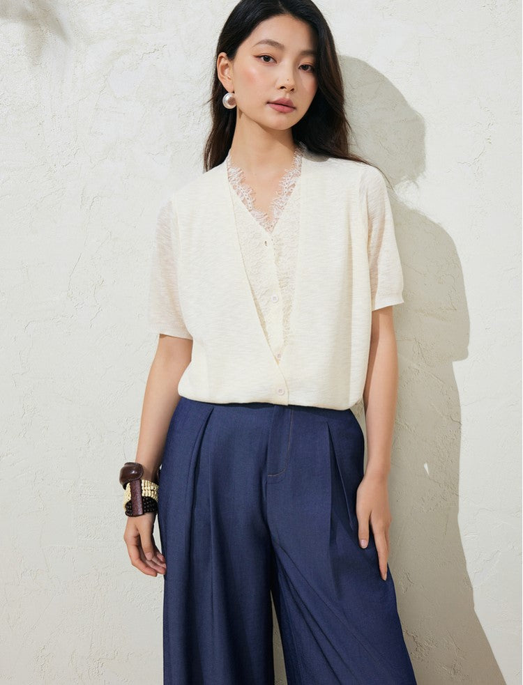 SUSHE LACE STITCHING V-NECK FIVE-QUARTER SLEEVES TWO-PIECE KNITTED TOP-EVA