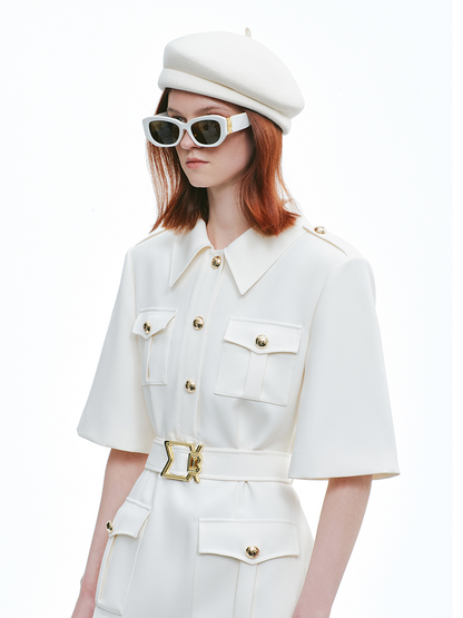 YES BY YESIR |  Luxury Military-Inspired Short Sleeve Short Dress - SELVINA.