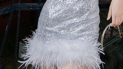 DOLLY Luxury Sliver Sleeveless Sequin Feather Suspender Slim Fit Party Dress-AADHIRA