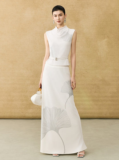 HECO Chinese draped skirt summer fashion ginkgo print skirt set - AFLORAL.