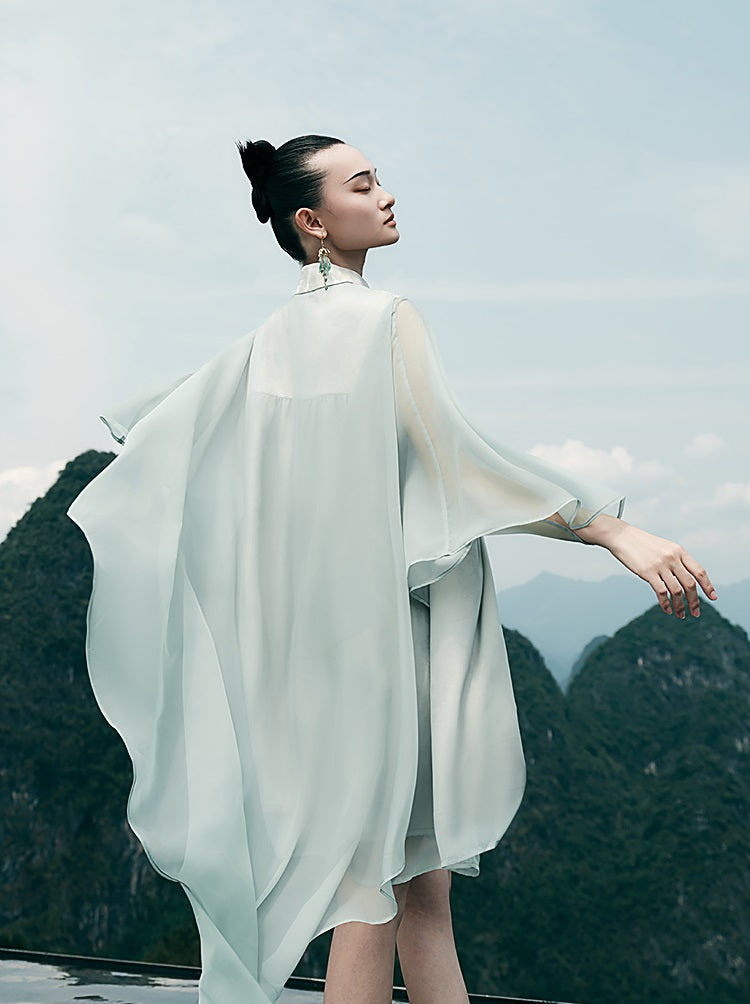 HECO [Feng Wu Clear Sleeves] New Chinese Standing Collar Buckle Flowing Dress- CLOAK.