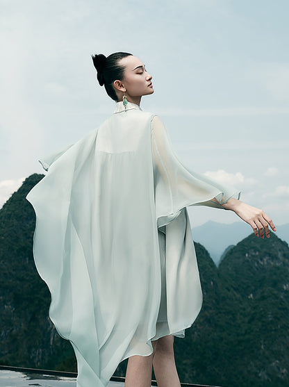 HECO [Feng Wu Clear Sleeves] New Chinese Standing Collar Buckle Flowing Dress- CLOAK.