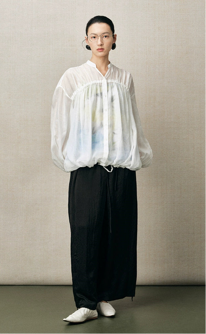 ZHUCHONGYUN  placket drawstring loose light balloon sleeve top-RAMIE.