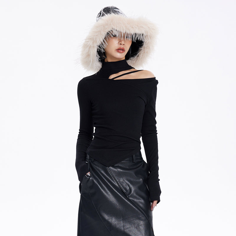 [20% OFF] TINY IN irregular cut-out off-the-shoulder long-sleeved T-shirt temperament slim fit half-neck base layer